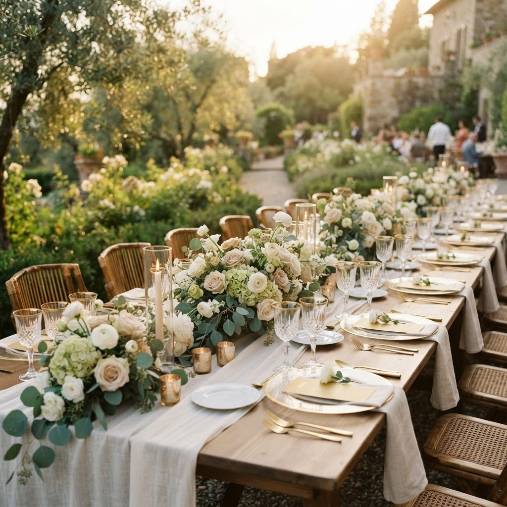 Mesa montada en el jardín antes de que lleguen los invitados